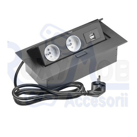 PRIZA GTV INCASTRABILA 2XSCHUKO 2USB, NEGRU